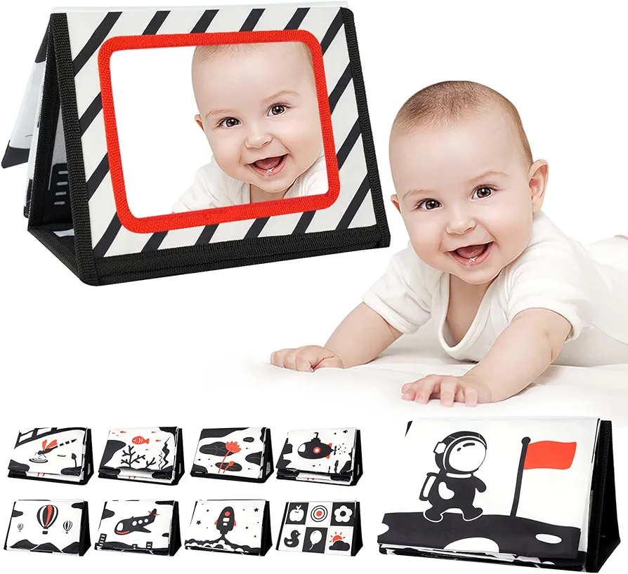 Tummy Time Mirror for Babies, Black and White High Contrast Baby Book Brain Development for Babies 0 3 6 9 Months, Montessori Infant Toys for Bouncer, Floor, Crib, Car