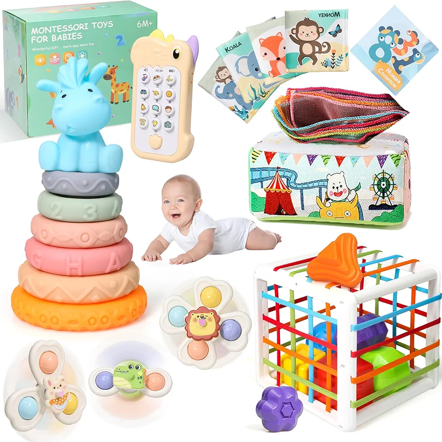 YAYYAY Baby Toys Sorting Stacking - Montessori Toys for 6-12 Months, Infant Educational Stacking Building Blocks Toddler Toys 0-3, Teething Toys, Color Shape Bin Sensory Toys, Babies Boys&Girls Gifts