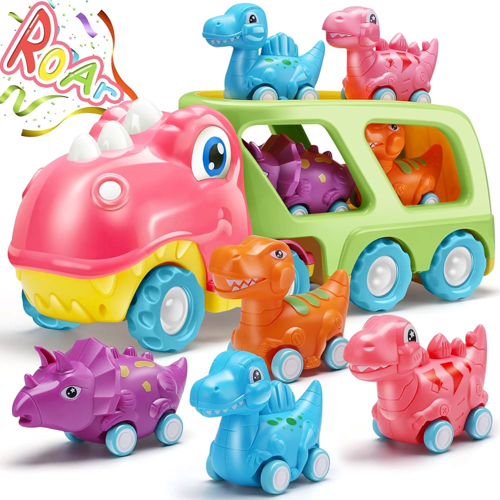 Dinosaur Car Toy for Toddler Girl, Dino Carrier Truck with 4 Mini Cartoon Pull Back Cars with Realistic Lights and Sounds, Pink Girls Toys for Kid Child Baby Age 3 Years Old Birthday Party Gift