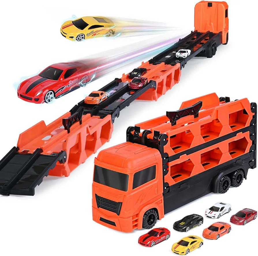 Car Transporter Carrier Truck Toy for Kids, 64 Inch Race Track and 6 Toy Cars. Great Gift Set for Kids Boys Girls