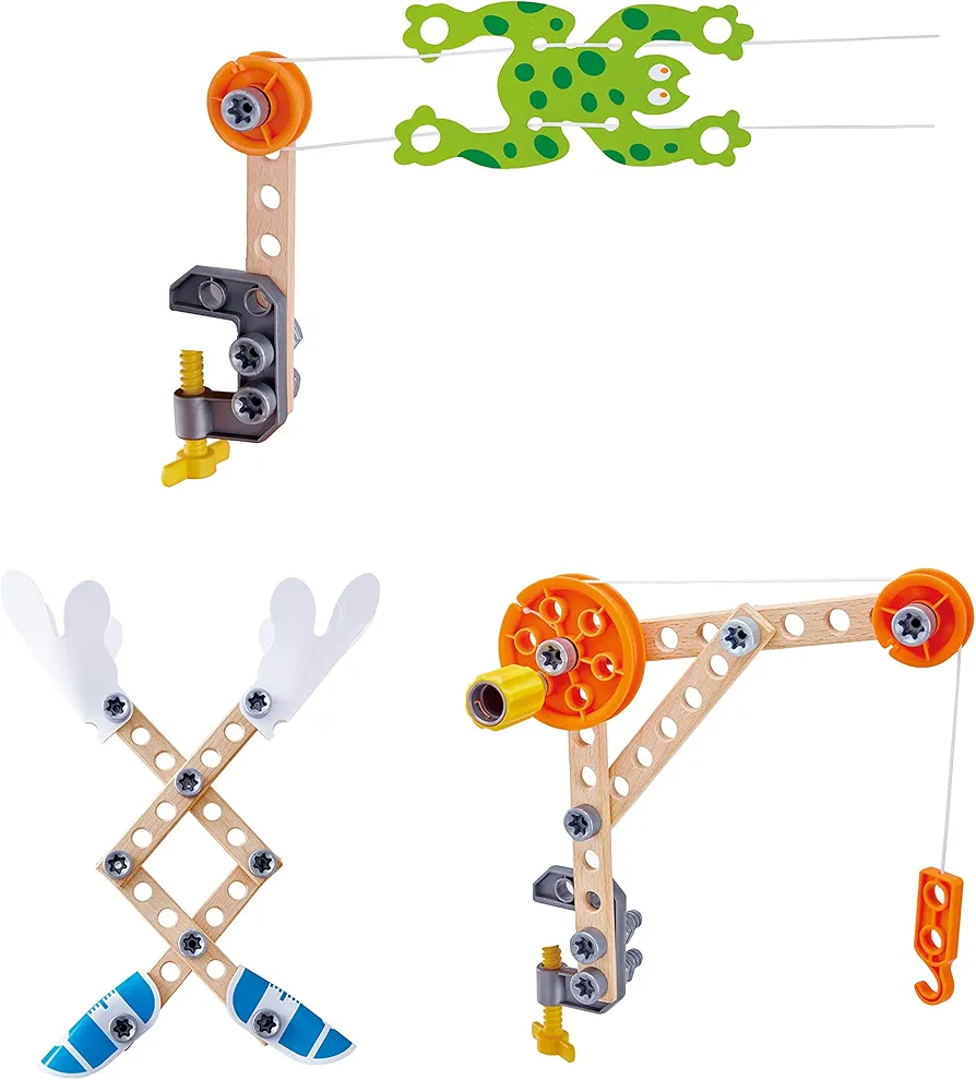 Hape Three Experiment Kit | Junior Inventor Kids Physics Mechanical Crane, Grabber & Climbing Frog Play Set for Children Aged Four & Up