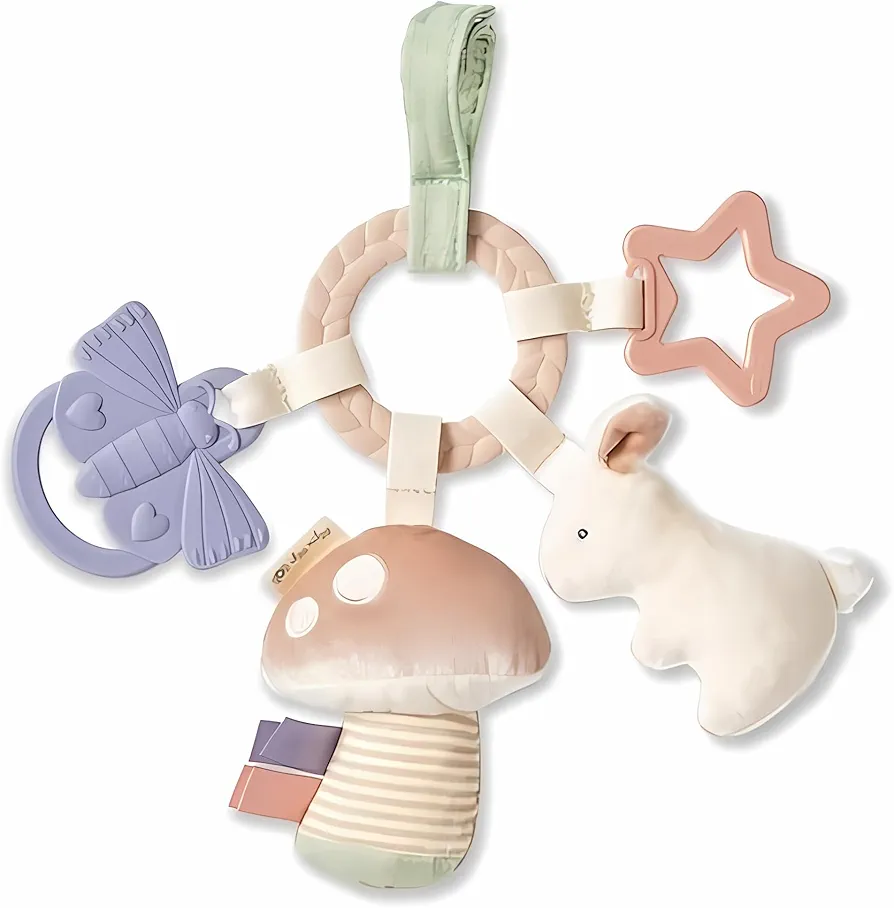 Itzy Ritzy Teething Activity Toy - Bitzy Busy Ring Infant Teething Toy Features Braided Ring & Dangling Toys, includes Teether, Textured Ribbons, Crinkle Sound & Jingle Bell - 0 Months & Up (Bunny)