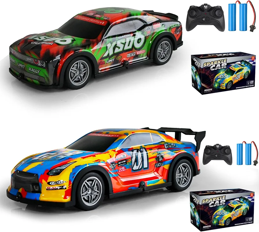 2PCS Remote Control Car, Light Up RC Car Toys, 2.4GHz 1:24 Scale 15KM/H Off-Road with Cool LED Lights Racing Rechargeable Toy Car for Christmas Birthday Kids Boys Girls for 4-7 8-12 Year Old