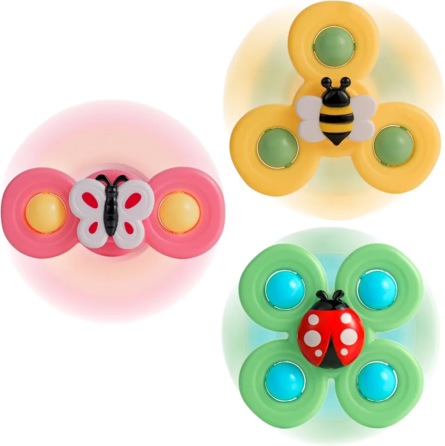 3PCS Suction Cup Spinner Toys for Babies, Fidget Spinners Sensory Bath Toys 6 12 18 Months, Airplane Car Travel Essential 1-3 Year Old Boy Girl Birthday Gift for Baby