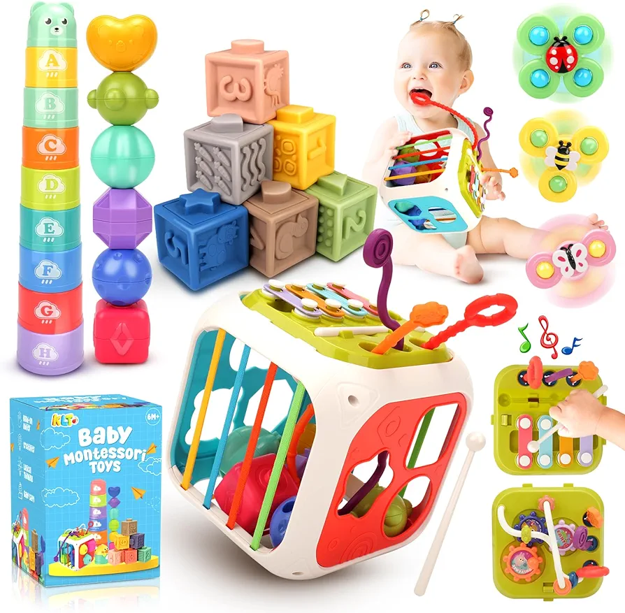 KLT Baby Toys 6 to12 Months: Montessori Toys for Babies 6-18 Month, 7 in 1 Toddler Toy Gifts for 1 2 3 Year Old Boys Girls, Infant Pull String Bath Time Fun, Shape Sorter Stacking Cups and Blocks