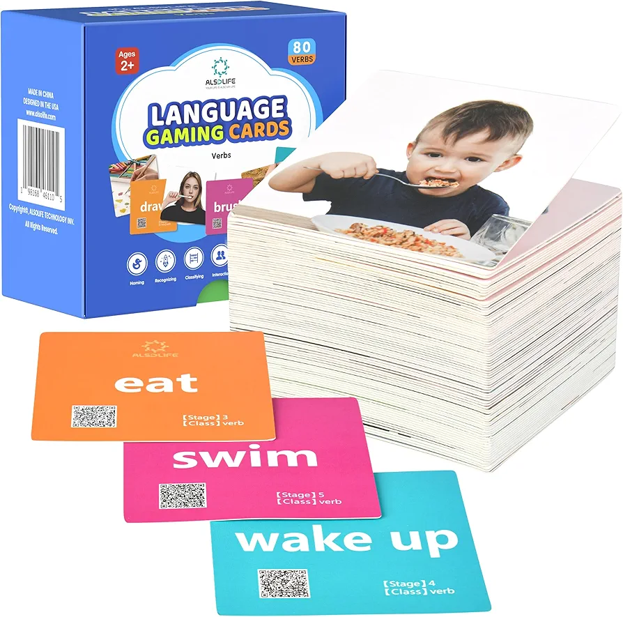 Action Verbs Flash Cards | 80 Piece Talking Flash Cards for Speech Development & Therapy | 3-Stage Design | ESL Teaching Materials for Toddlers, Homeschool | Vocabulary Builder with Video