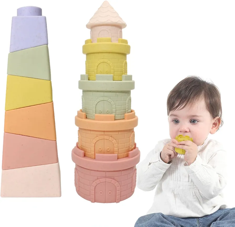 Baby Stacking Blocks, Stacking & Nesting Tower Toy,11 Pcs Soft Building Stacker & Teethers,Early Educational Learning Toy with Squeeze Play & Stacking Play, Best Gift for 6+ Months Boys & Girls