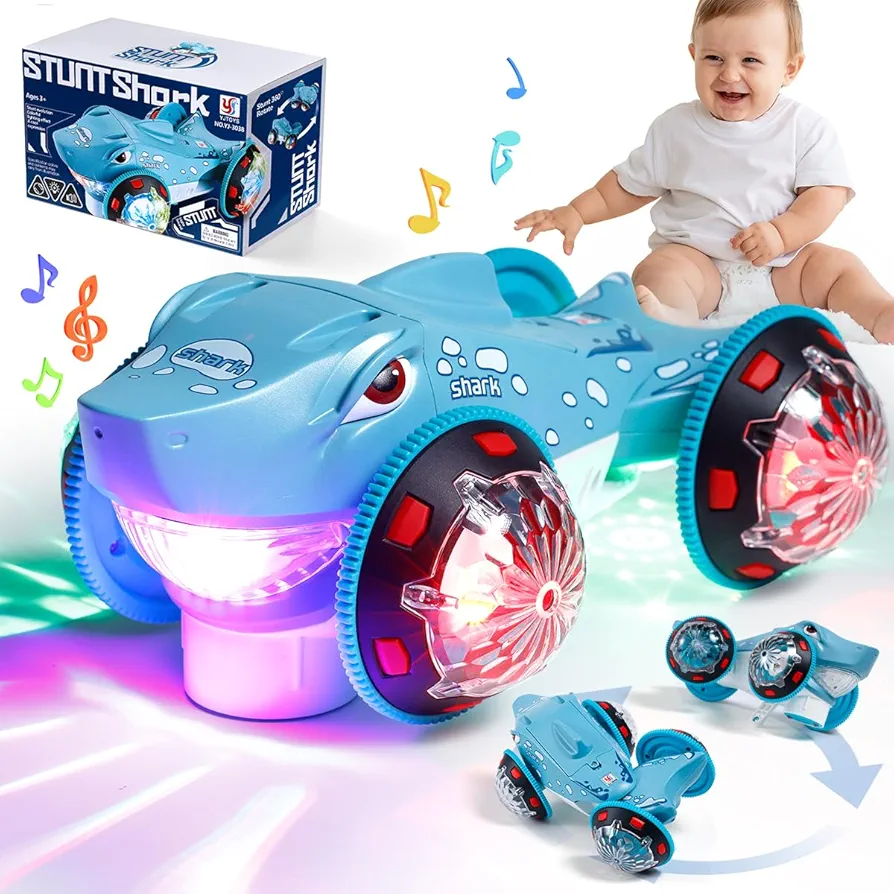 Shark Toy for Baby,Stunt Shark Car 360° Rotating Monster Trucks with Colorful Lights & Music Crawling Vehicles Toys for Baby 12 18 Month Boy Girl Christmas Birthday Ideas for Toddler 1 2 3 4 Years Old