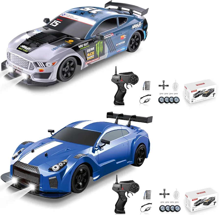 2PCS RC Drift Cars 2.4GHz 1:16 Scale 4WD High Speed Remote Control Cars with LED Lights Battery and Drifting Tires Racing Sport Toy Cars for Adults Boys Girls Kids Gift