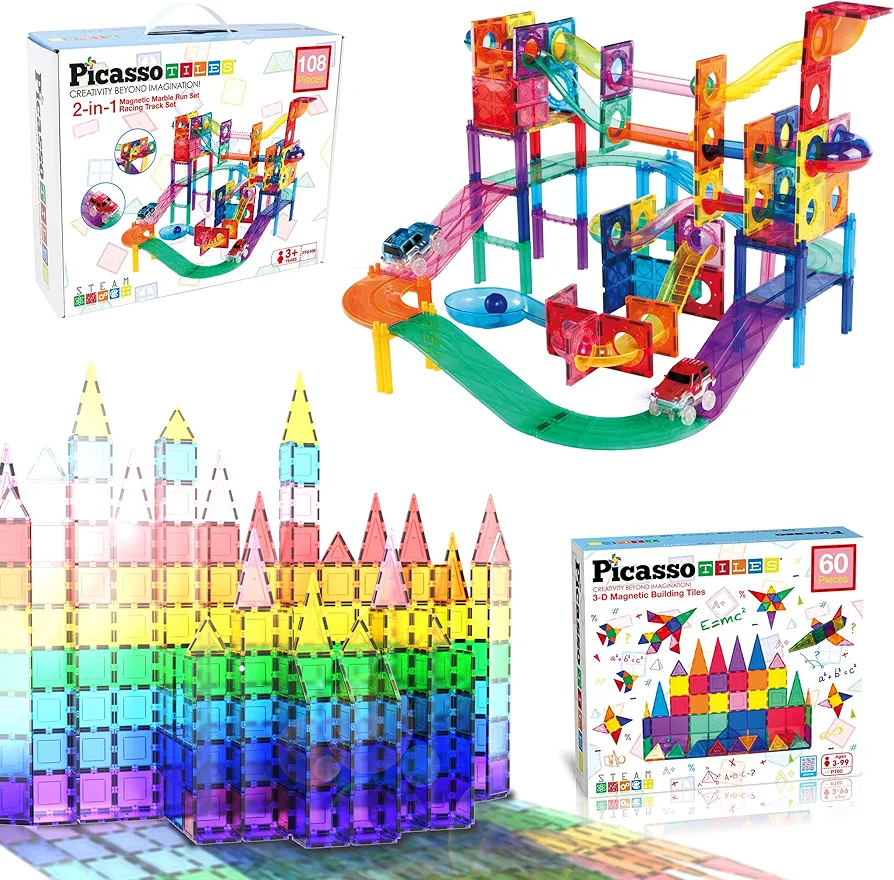 PicassoTiles 108PC Marble Run Magnetic Race Track + 60PC Magnet Tiles, STEAM Educational Playset for Creative, Fun and Learning Construction Play, Engineering Project Toy Gift Idea for Kids Ages 3+