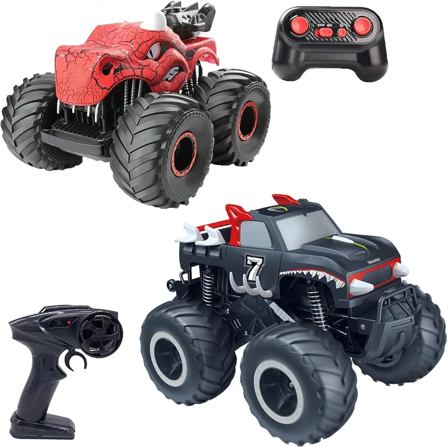 Threeking 1 pc Waterproofing 1:16 Pick-up RC Car Truck and 1 pc 1:18 Dinosaur RC Car Trucks Toys for Kids Boys Girls Ages 6+