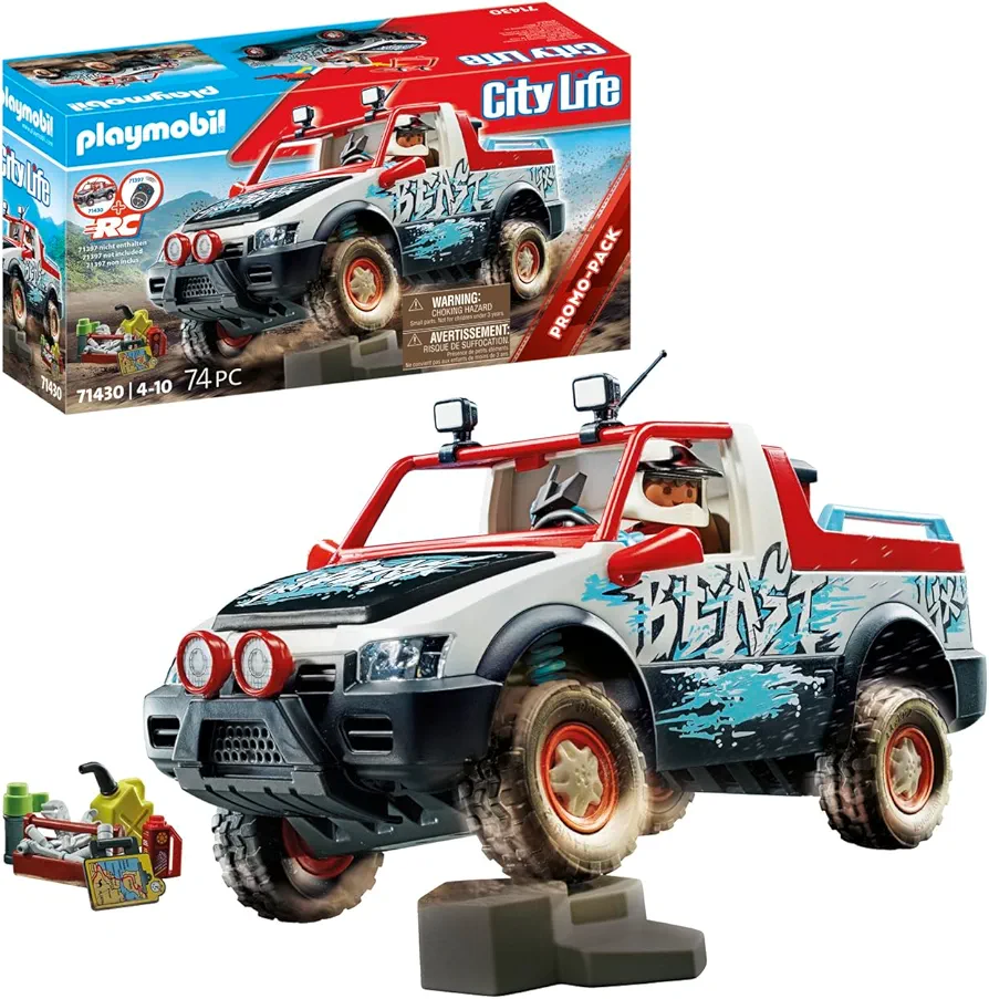 Playmobil Rally Car Toy Playset - 74 Piece Bundle Including Stuntman Mini Figure - Movable Axle and Removable Roll Bar to Insert Figure - Complete with Full Tool Box, Map, Camera, Thermos and Gas Can