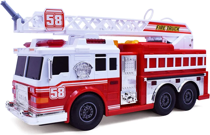 Fire Truck Motorized with Lights, Siren Sound, Working Water Pump and Rotating Rescue Ladder- Electric, Motorized, Big Fun Size 15", Realistic Design- for Toddlers, Kids Aged 3+ Years Old