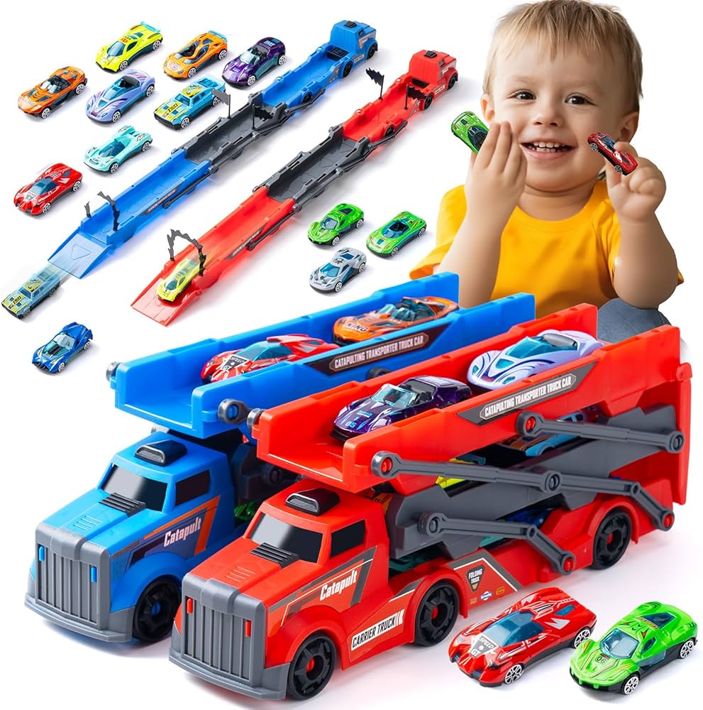 2 Pack Carrier Truck Toys for Kids,12 Die-Cast Metal Small Race Cars, Foldable Track Set & DIY Flags, Toddler Car Toys Catapulting Transport Truck Set for Kids Boys Girls