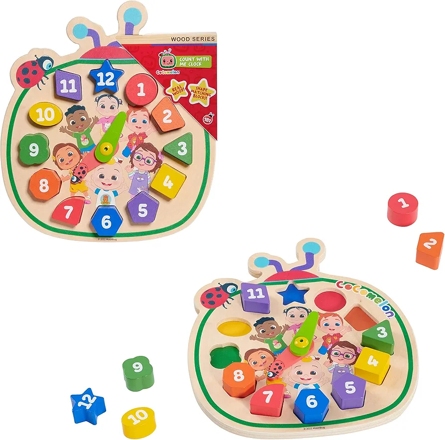 CoComelon Count with Me Wooden Clock, Recycled Wood, Learning and Education, Officially Licensed Kids Toys for Ages 18 Month by Just Play