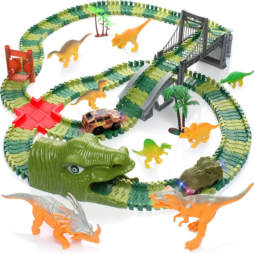 Dinosaur Track Toys, 200+ Pcs Create A Dinosaur World Road Race, Flexible Track Playset with 1 Dinosaur Car,1 Race Car,8 Dinosaurs for 3 4 5 6 Year & Up Old Boys Girls Kids Toddlers Great Gift