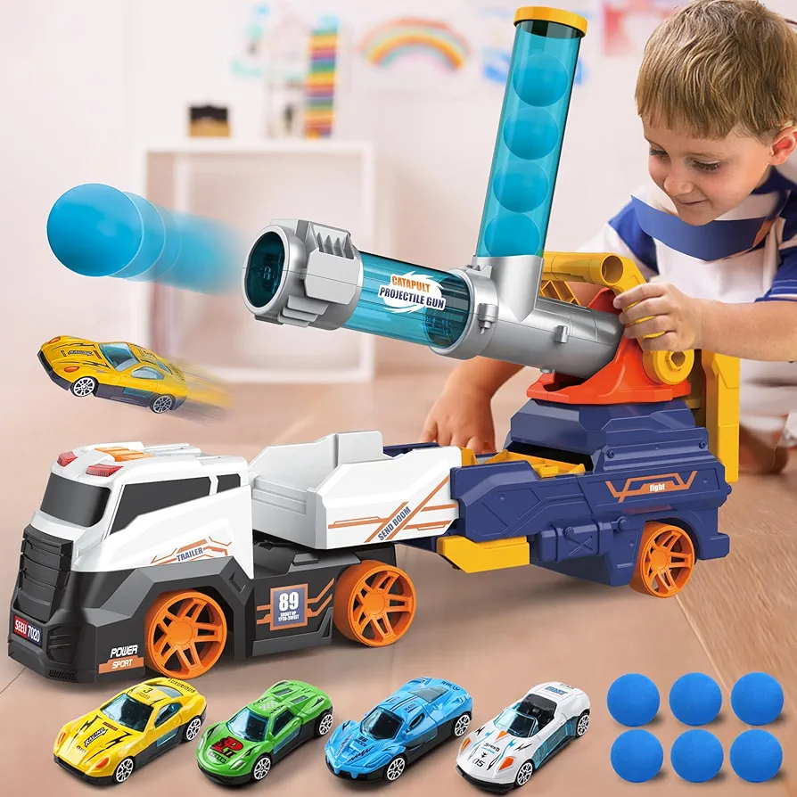 Dwi Dowellin Truck Toys for Kids, 28" Large Car Toys Include 4 Racing Cars+6 Ball, with Light & Sounds, Eejection&Shooting Transport Cars Toy, Gifts for Boys Girls 3 4 5 6 7 8 Year Old