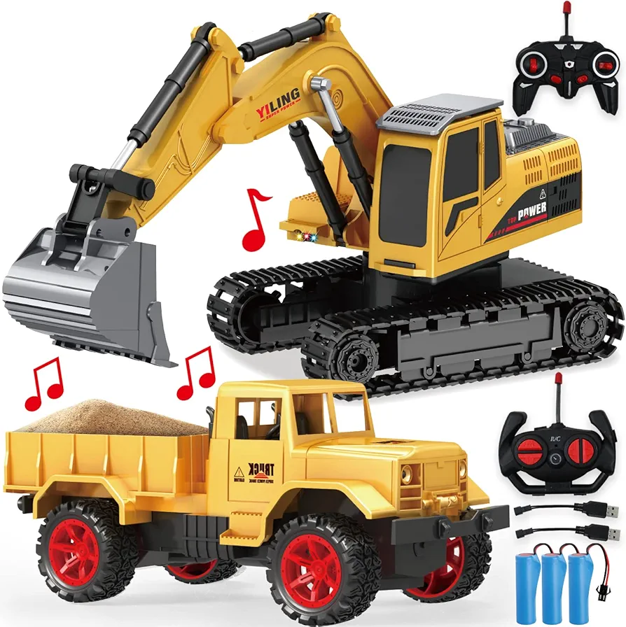 HYW Remote Control Excavator & Dump Truck Toy with Sound and Light,Rechargeable Construction Vehicles Realistic Swivel Cab and Movable Arm,Outdoor Indoor for Boys Girls 3 4 5 6 7 8 Years Old