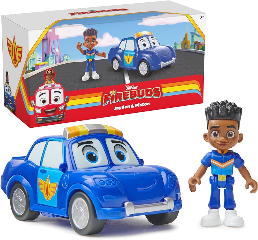 Disney Junior Firebuds, Jayden and Piston, Action Figure and Police Car Toy with Interactive Eye Movement, Kids Toys for Boys and Girls Ages 3 and up