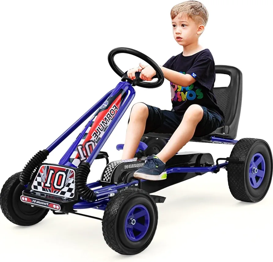 DORTALA Go Kart for Kids, 4 Wheel Off-Road Pedal Powered Go Cart with 2-Position Adjustable Bucket Seat, Safety Brakes, EVA Rubber Tires, Outdoor Ride On Racer Pedal Car for Boys & Girls (Blue)