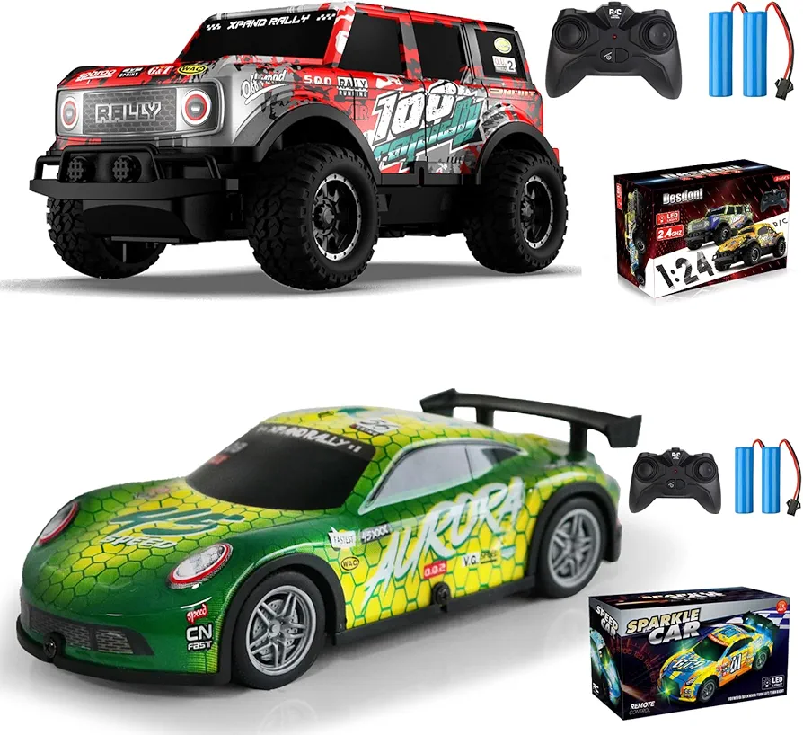 2PCS Remote Control Car, Light Up RC Car Toys, 2.4GHz 1:24 Scale 15KM/H Off-Road with Cool LED Lights Racing Rechargeable Toy Car for Christmas Birthday Kids Boys Girls for 4-7 8-12 Year Old