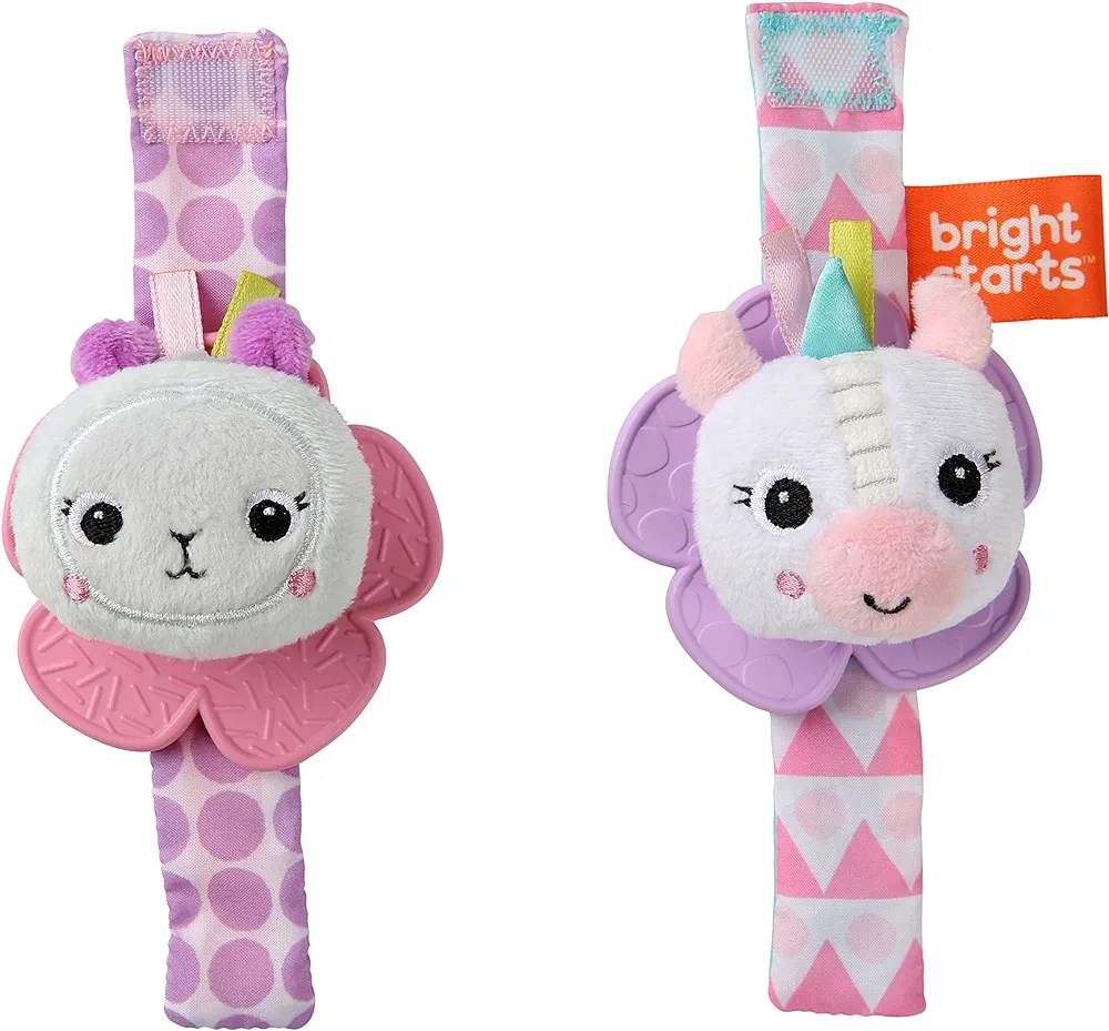 Bright Starts Rattle & Teethe Wrist Pals Toy, Unicorn & Llama, Newborn+, 2 Count