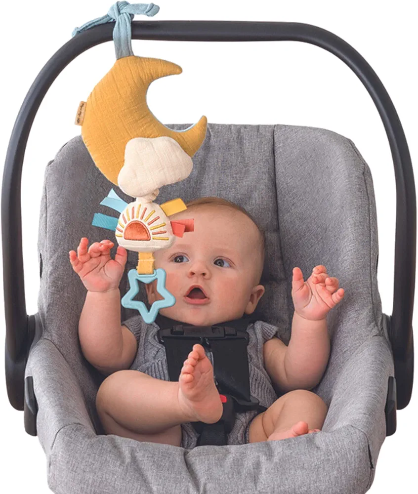 Itzy Ritzy – Musical Pull-Down Toy - Bitzy Notes Baby Musical Toy Attaches to Car Seat, Play Gym, or Stroller & Plays a Soothing Melody, Infant Toy for Ages 0 Months and Up (Moon)