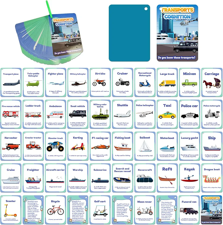 46PCS Vehicles Cognitive Cards for Kids,Transports Cognition Flash Cards, Waterproof Transport Educational Learning Flashcards for 3+Years