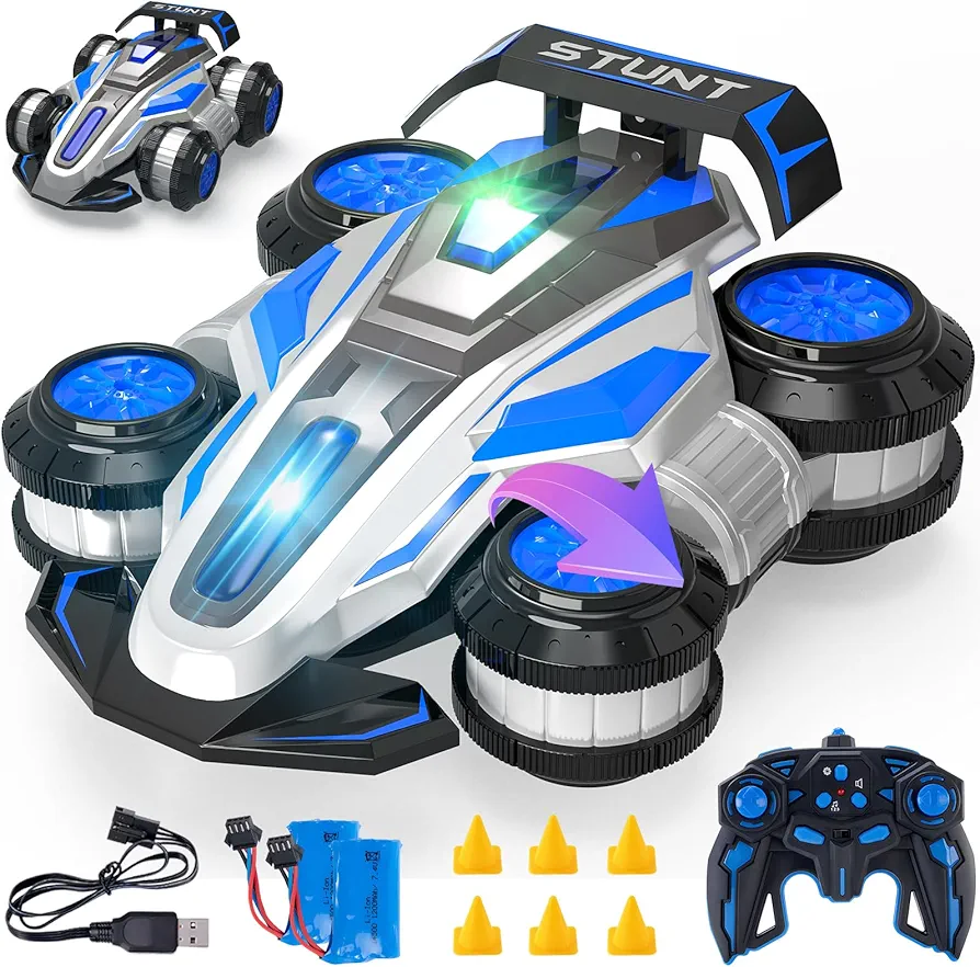 1:14 Remote Control Roll Stunt Car for Boys 360°Rotating 4WD RC Cars with Lights Music Upright Walking Four-Wheeled Rollover Toy Car Gifts for Age 6-12（Blue）…