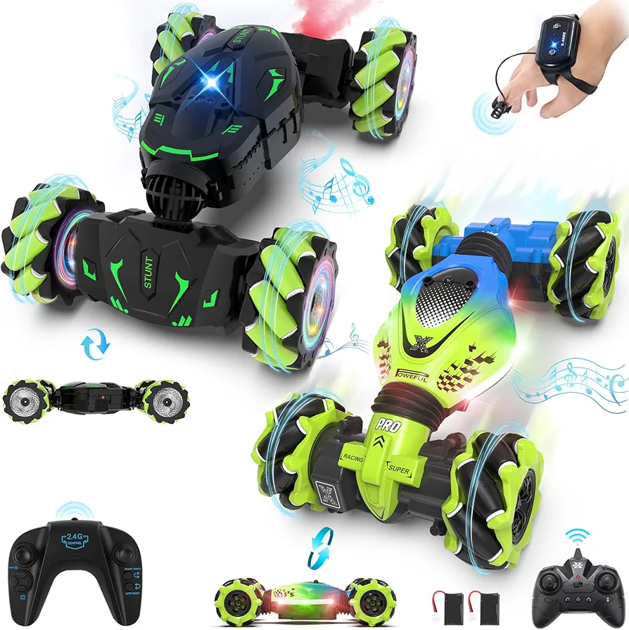 Pristar Gesture Sensing RC Stunt Car, 2.4Ghz 4WD Remote Control Car with Lights Music Double Sided Flip 360° Rotate Off-Road, RC Cars Toys for Boys Girls 6-12, Birthday Gifts for Kids Age 6-12, 2 Cars