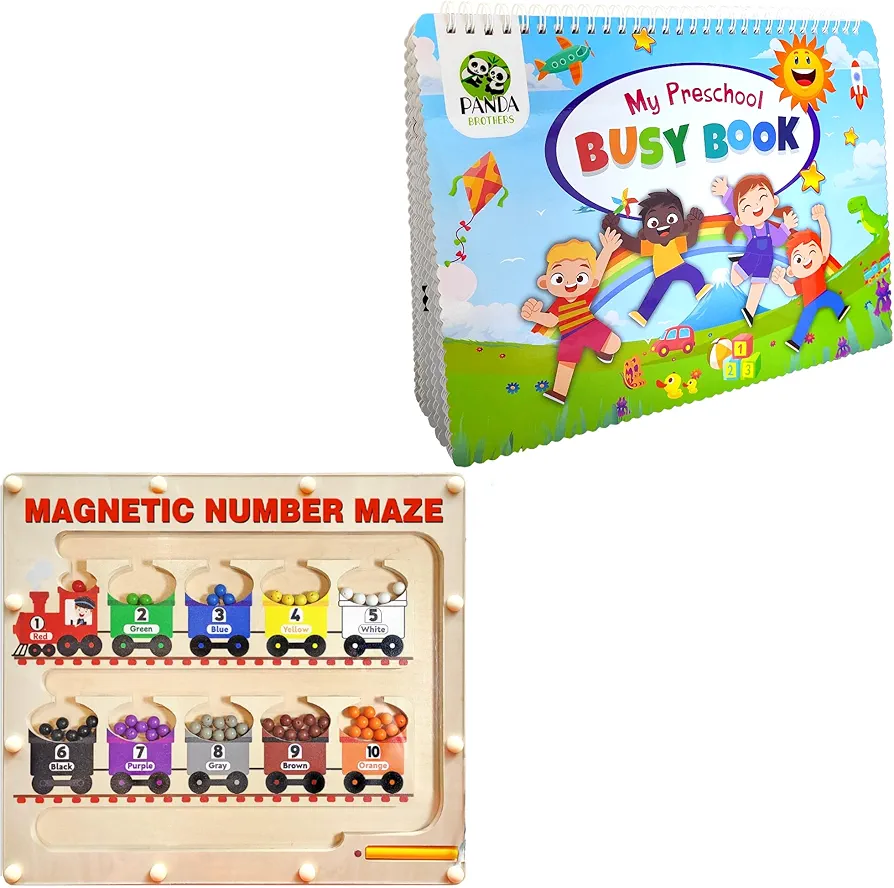 Panda Brothers Set of 2 Toys: Busy Book & Magnetic Maze. Montessori Toys for Kids, Wooden Toys, Sensory Toys for 3 4 5 Year Old, Busy Board, Preschool Classroom STEM Toy for boy