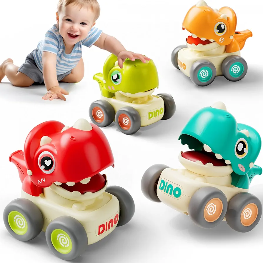 iPlay, iLearn Dinosaur Car Toys for Toddlers 1-3, Baby Dino Press Go Whistle Cars, Infant Racing Vehicle Set, Push Go Friction Car for 6 9 12 18 Months, 1st Birthday Gift for 1 2 Years Old Boys Girls