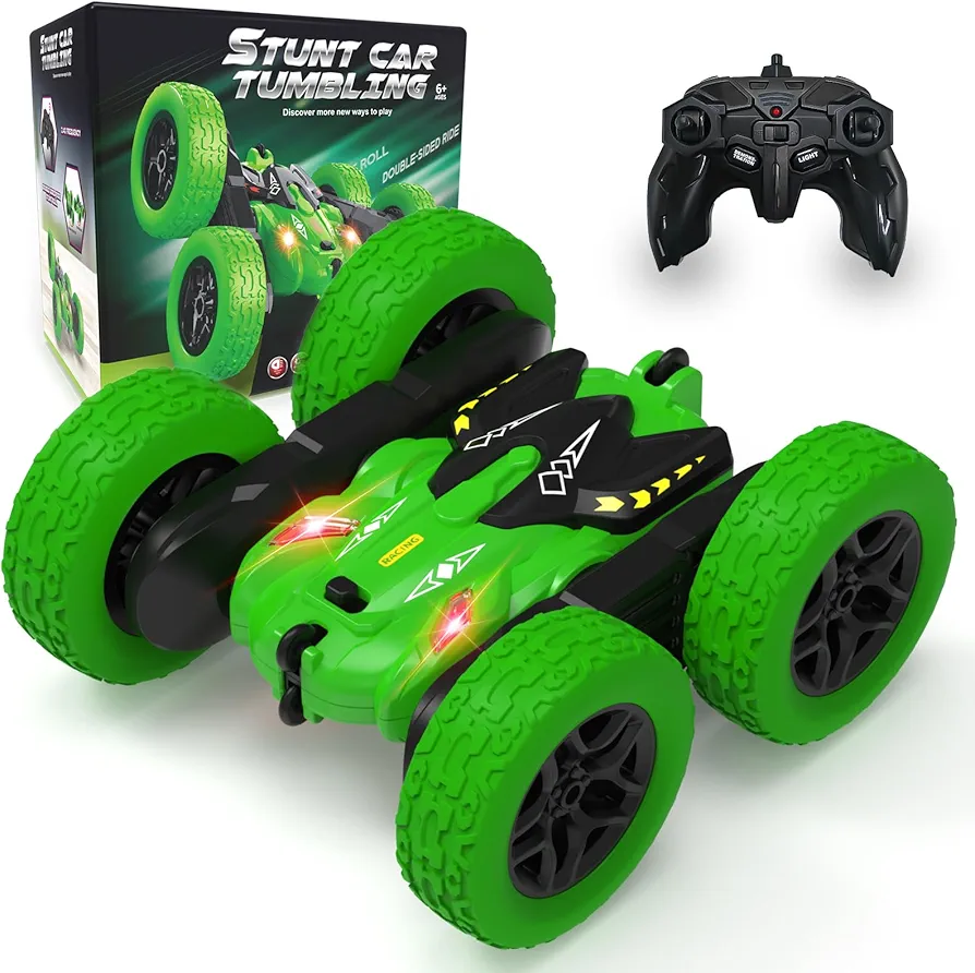 Remote Control Car, RC Car with Double Sided 360°Rotating and Lights, Rechargeable 4WD Off Road Stunt Car Toys, 2.4Ghz All Terrain Drift Toys for Boys Girls Kids Ages 6-12 Birthday Gift(Green)