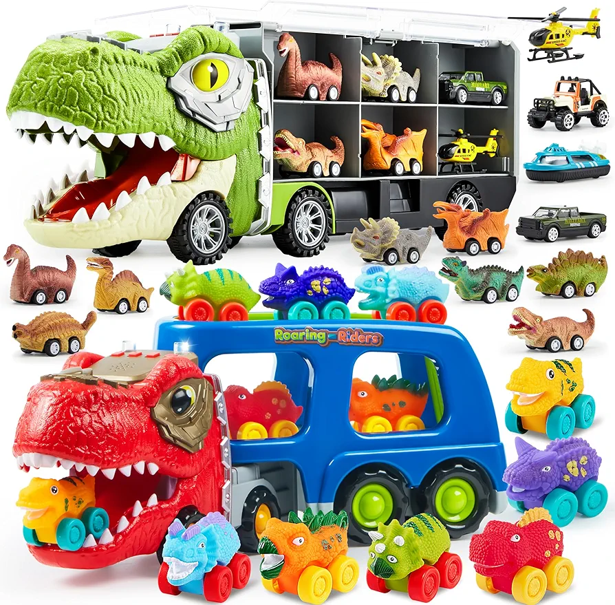 JOYIN 13 in 1 Dinosaur Toys with Dinosaur Truck Toys for Kids 3-5, Dinosaur Truck with 12 Pull Back Cars, Dinosaur Cars Set, Dinosaur Car Carrier Truck Toy with 6 Dinosaur Figures Rubber Car Vehicles