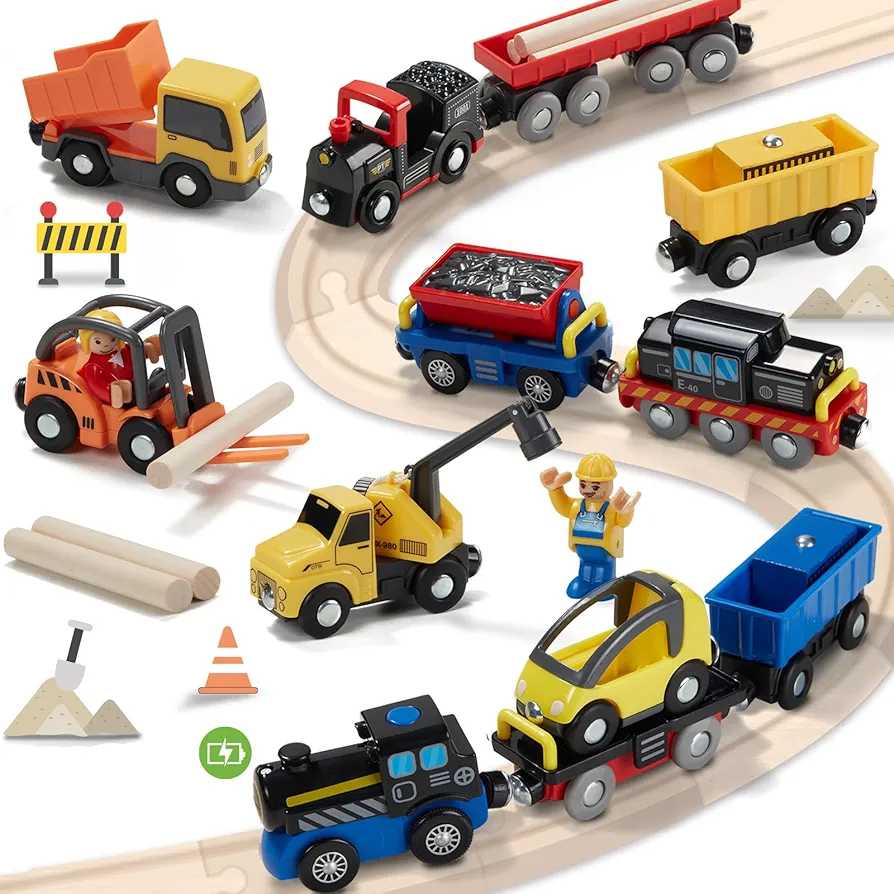 Giant bean 12PCS Vehicles Battery Operated Train Car Set Accessories, Magnetic Mini Construction Set for Wooden Train Track, Bulk Car Toys for Toddlers 3 4 5 Year Boys Girls Kids, Fits for Most Brands