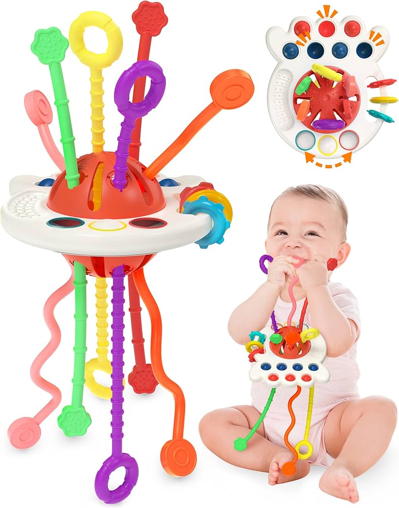 Baby Sensory Montessori Toy for 6-12-18 Months, Pull String Silicone Teething Toy, Birthday Gift Travel Toy for 1 2 Year Old Boy Girl Infant Toddlers 8 9 10 Months Old