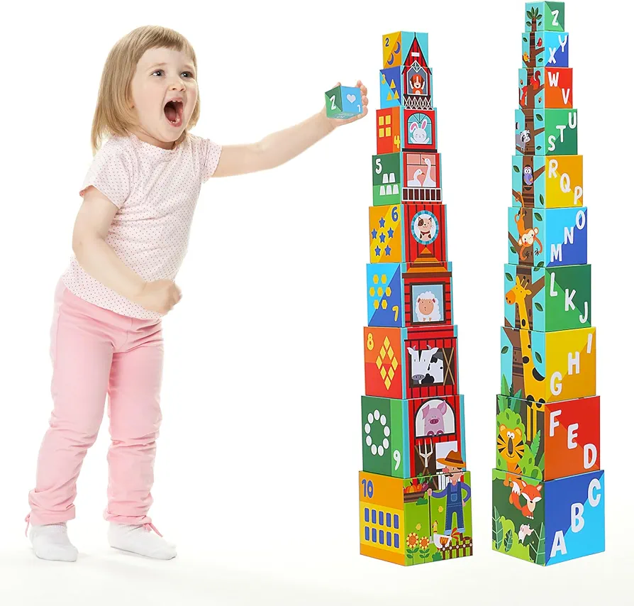 Animal Sorting and Stacking Blocks - Educational ABC & Numbers Toy for Babies and Toddlers - Montessori Learning Tower -10 Nesting Cubes Building Set - Ideal Present for Boys & Girls