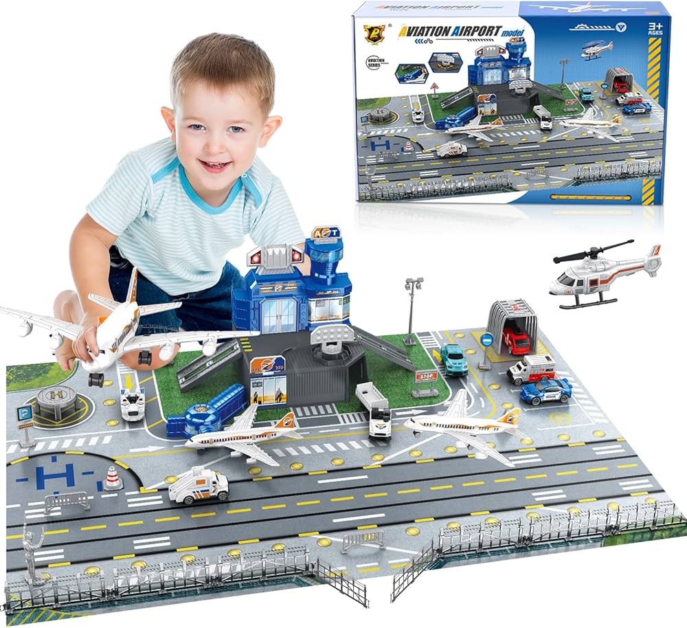 Airport Aircraft Vehicles Toy Set for Kids - with Game Mats 2 Plane Helicopter Luggage Cars Fire Trucks Race Cars, Birthday Gift Early Learning Playset for 3 4 5 6 7 8 Years Old Toddlers Boys & Girls