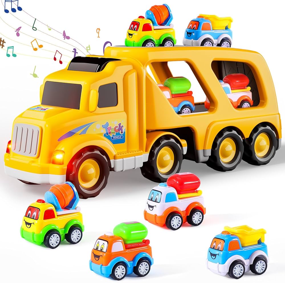 IHAHA Toy Trucks Car for Toddlers Boys, 5 in 1 Carrier Truck Car Construction Vehicles Toys for Kids Boys Girls Toddlers Birthday Gifts, Car Trucks Boys Toys with Light Sound