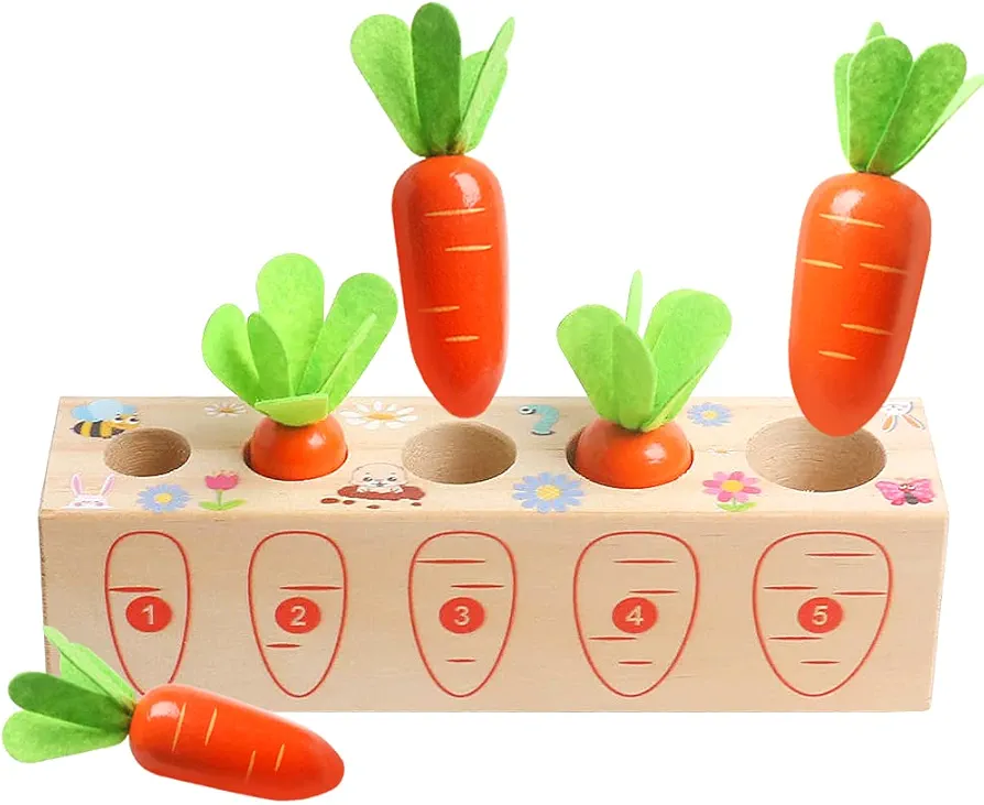 Montessori Wooden Toys Carrot Harvest Game Preschool Educational Learning Fine Motor Skills Shape Size Matching Toys Birthday Easter Basket Stuffers Gift for Toddlers Ages 1-3