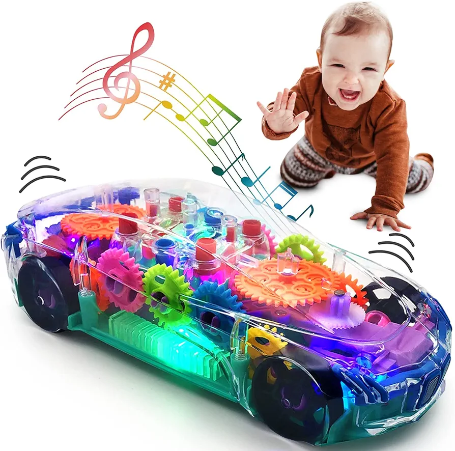 Light Up Transparent Car Toy - Fun and Interactive Electric Car Toy for Kids- Music Car with LED - Colorful Moving Gears -Tummy Time Crawling Baby Light Up Toys for Boys & Girls