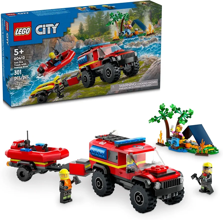 LEGO City 4x4 Fire Truck with Rescue Boat Toy for Kids Ages 5 and Up, Pretend Play Toy for Boys and Girls with a Truck Toy, Trailer, Dinghy and Tent, Plus 1 Camper and 2 Firefighter Minifigures, 60412