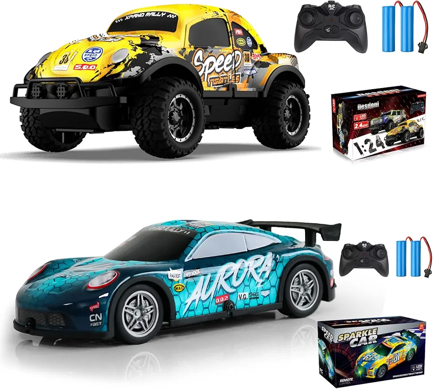 2PCS Remote Control Car, Light Up RC Car Toys, 2.4GHz 1:24 Scale 15KM/H Off-Road with Cool LED Lights Racing Rechargeable Toy Car for Christmas Birthday Kids Boys Girls for 4-7 8-12 Year Old