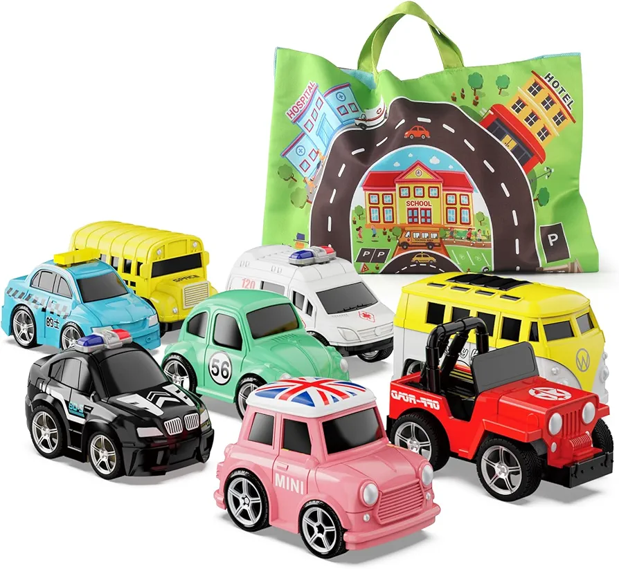 Toddler Car Toys and Playmat Storage Bag(8 Sets) City vehicle Toys Birthday Gifts for Toddler Toys Age 1-3|1st Birthday Gifts for Infant Toddlers