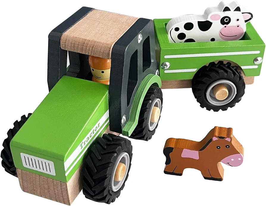 Wooden Tractor Toys for Toddlers 1-3, Baby Vehicle Toys Hand Push Car Toys for 1 2 3 Year Old Boys Girls (Green)