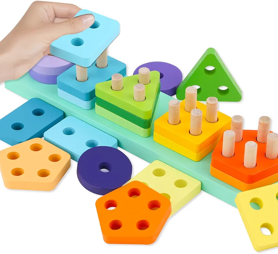 Montessori Toys for Toddler 1 2 3 Years Old Wooden Sorting and Stacking Toy Shapes Puzzles Preschool Learning Educational Activity Color & Shape Recognition,Best Gifts for Boys Girls