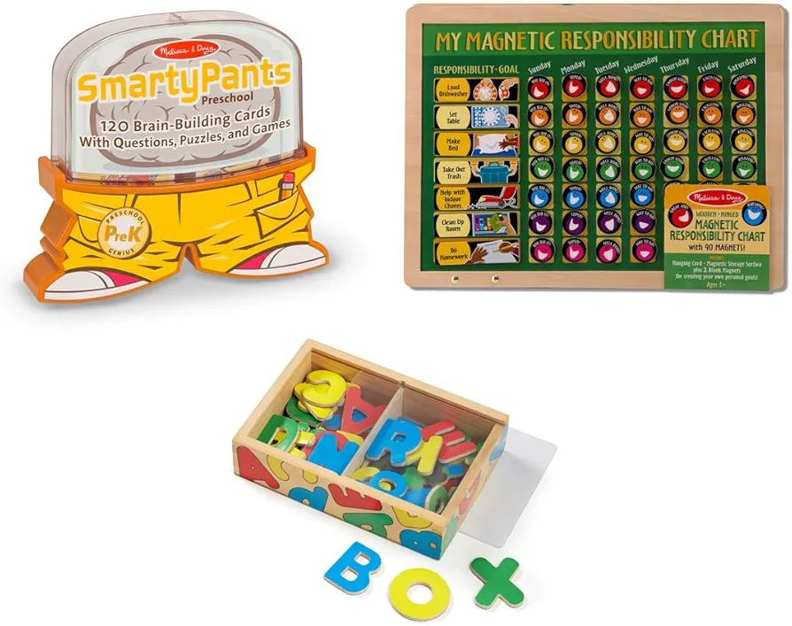 Melissa & Doug Smarty Pants - Preschool Card Set, My Magnetic Responsibility Chart, Magnetic Wooden Alphabet Bundle Toy