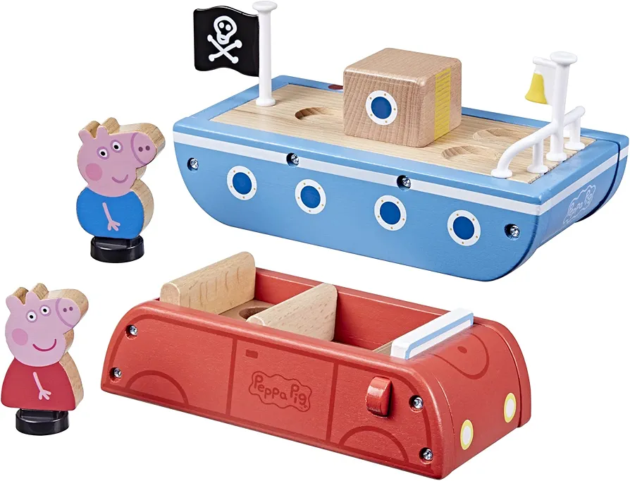 Peppa Pig Toys Wooden Car and Wooden Boat Made from Responsibly Sourced Wood, Wooden Toys for 2 Year Old Girls and Boys and Up