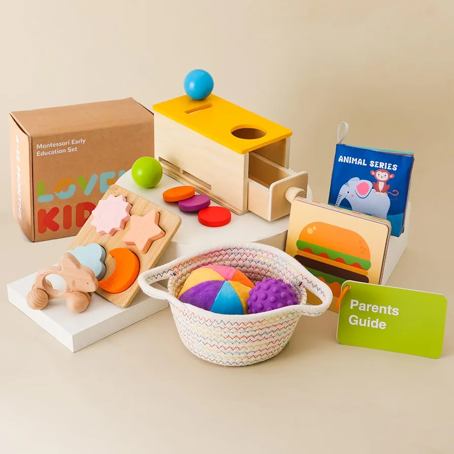 Montessori Toys for Babies 6-12 Months 6 in 1 Learning Educational Toys Set Wooden Toys Play Kit Includes Object Permanence Box, Touch & Match Board, Sensory Ball & Treasure Basket, Soft Baby Book