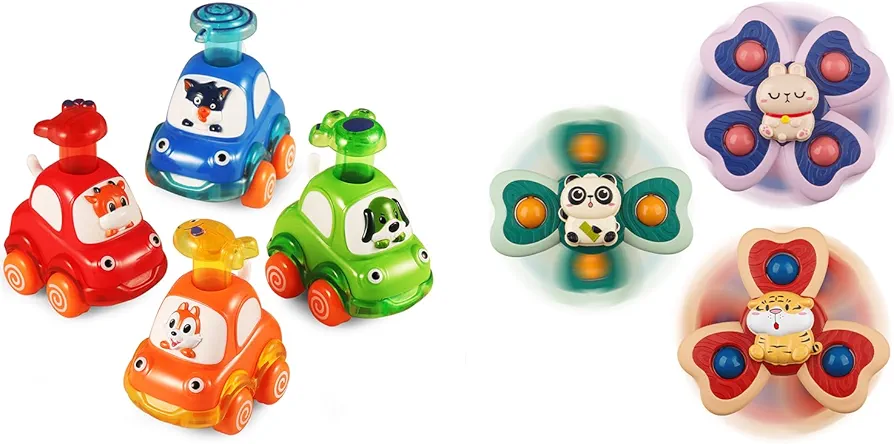 ALASOU 4 PCS Animal Car Toys and 3 PCS Suction Cup Spinner Toys for Infant and Toddlers